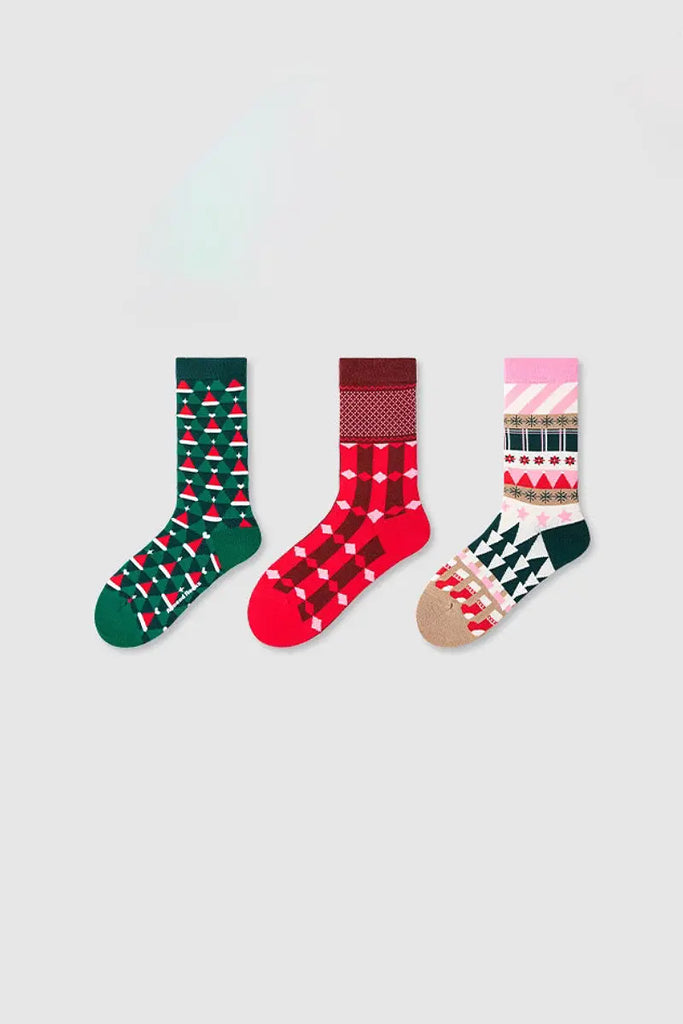 Fibflx Women's Colorful Christmas-Themed Cotton Blend Crew Socks Set_3-Pack