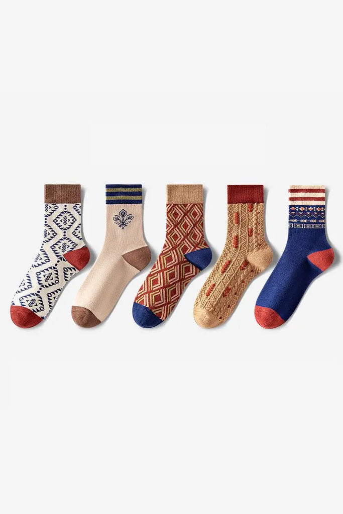 Fibflx Women's Colorful Cotton Blend Crew Sock Set with Mixed Patterns_5-Pack