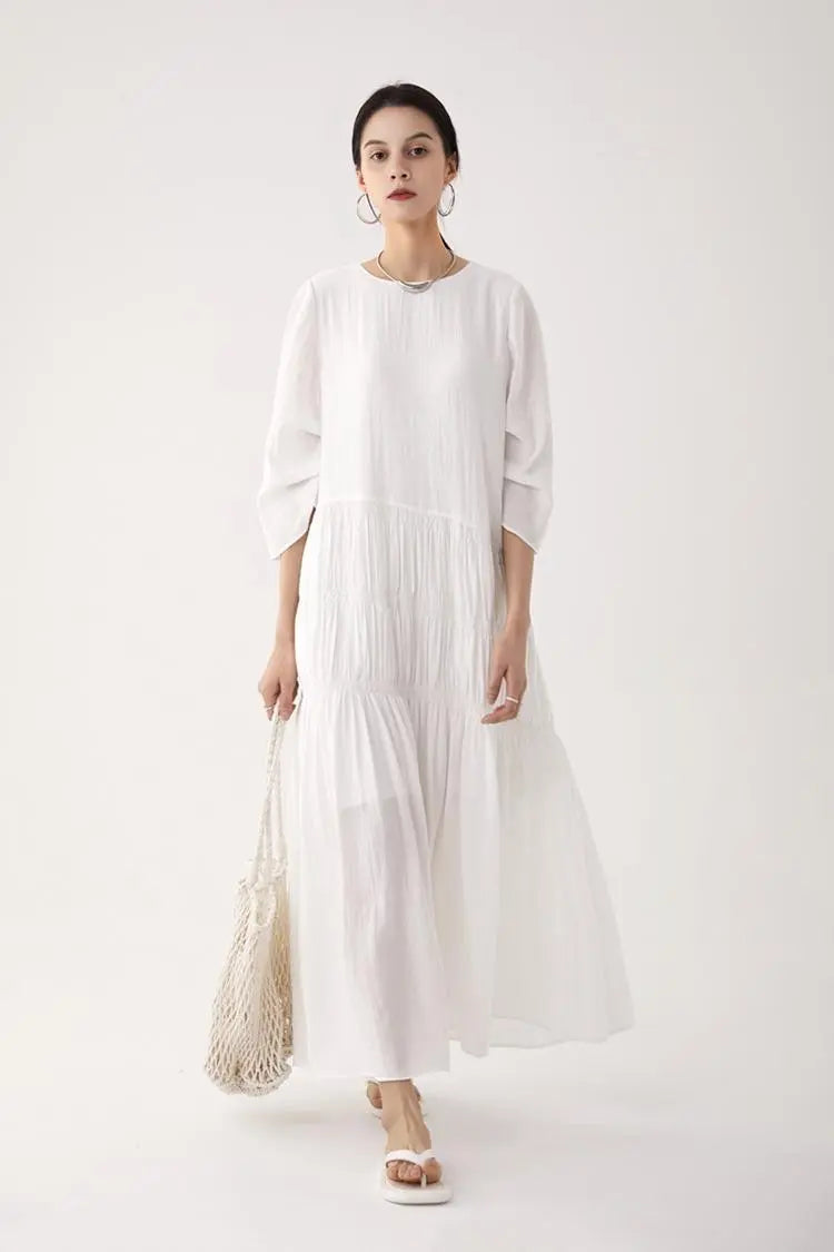 Cotton Tiered Long Sleeve Maxi Dress White / S