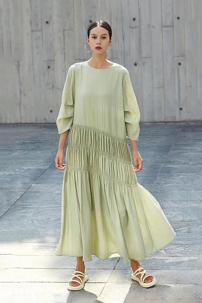 Cotton Tiered Long Sleeve Maxi Dress Mint Green / L Fibflx