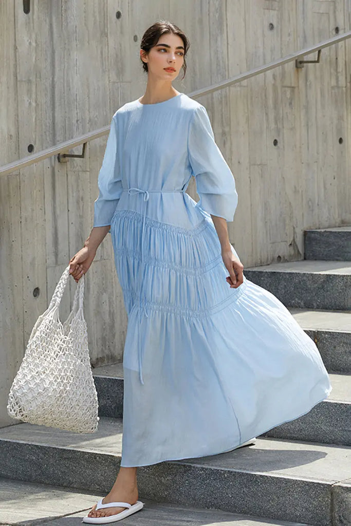 Cotton Tiered Long Sleeve Maxi Dress - Fibflx