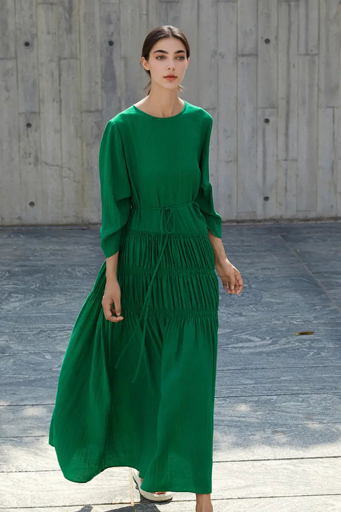 Cotton Tiered Long Sleeve Maxi Dress Glass Green / L Fibflx