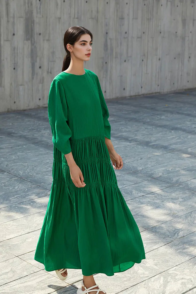 Cotton Tiered Long Sleeve Maxi Dress  Fibflx