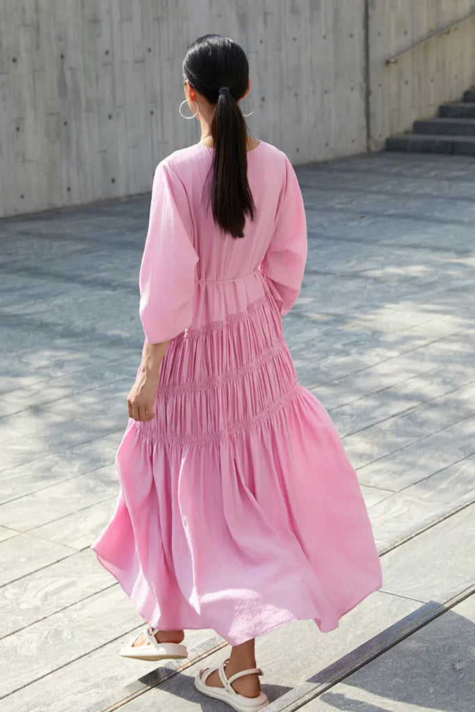 Cotton Tiered Long Sleeve Maxi Dress  Fibflx