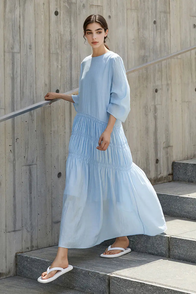 Cotton Tiered Long Sleeve Maxi Dress  Fibflx