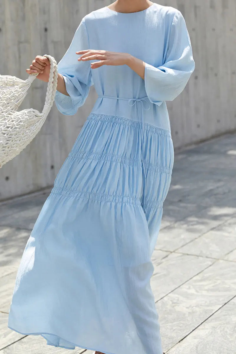 chinese dress ladies Cotton Tiered Long Sleeve Maxi Dress Forsting Blue / S