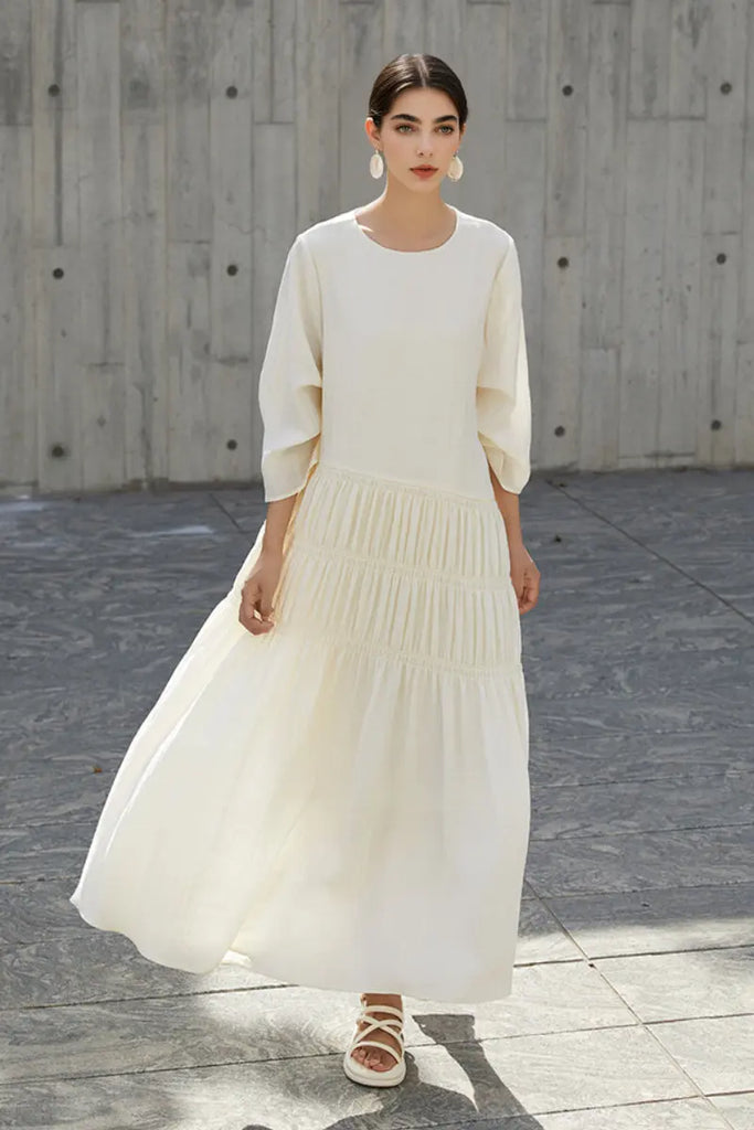 Cotton Tiered Long Sleeve Maxi Dress Off White / L Fibflx