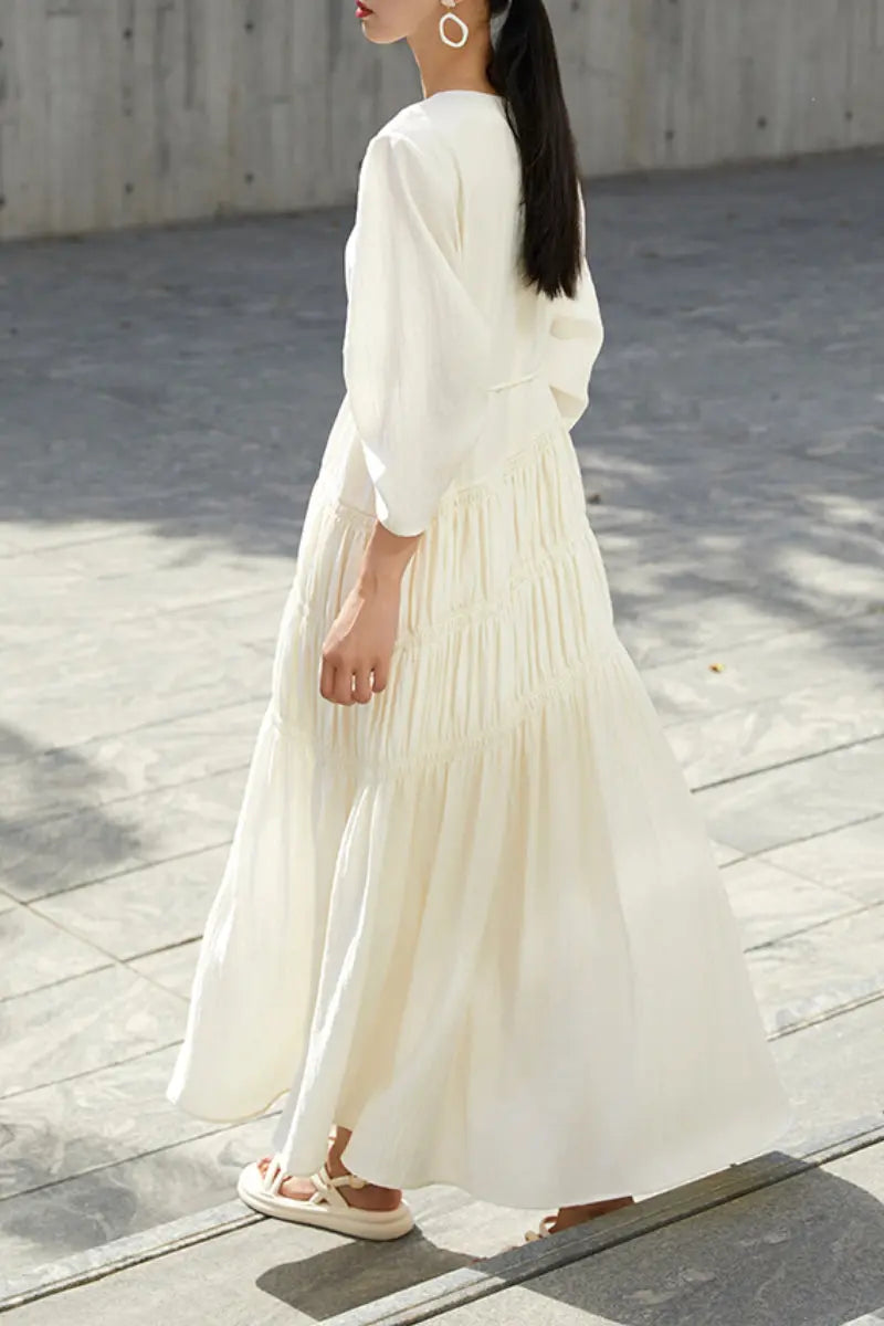 long sleeve white cotton maxi dress Fibflx Women's White Long Sleeve Beach Maxi Dress