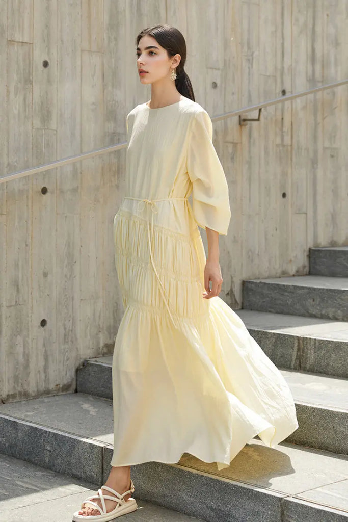 Cotton Tiered Long Sleeve Maxi Dress Pale Yellow / L Fibflx