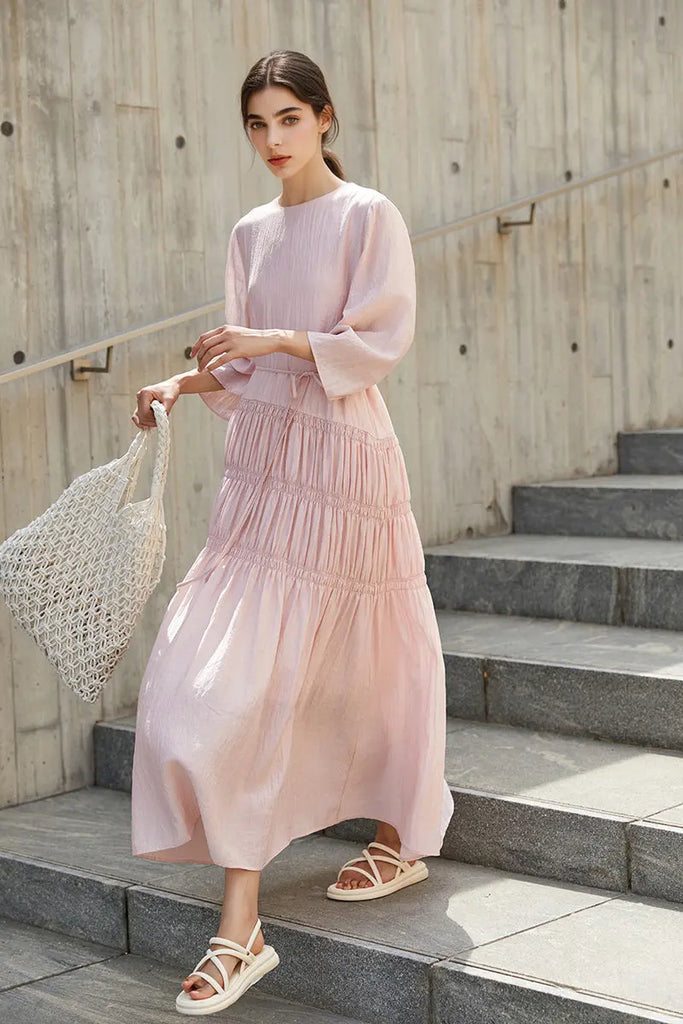 Cotton Tiered Long Sleeve Maxi Dress Soft Pink / L Fibflx