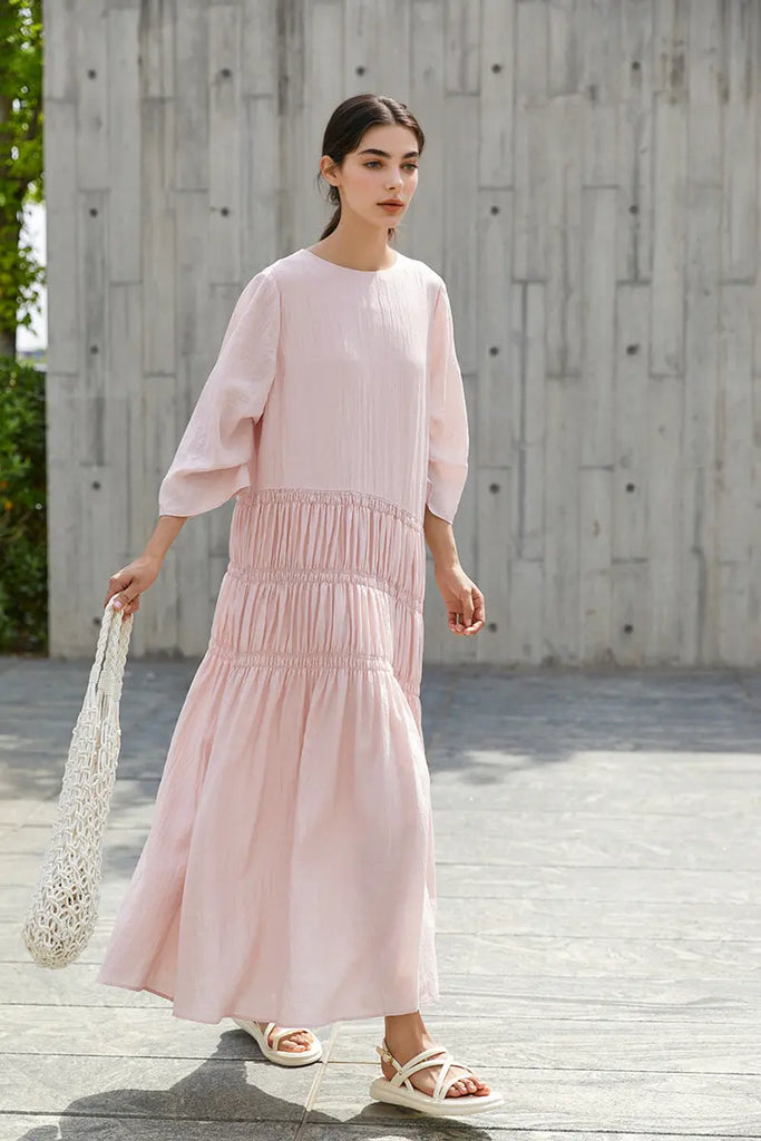 Cotton Tiered Long Sleeve Maxi Dress  Fibflx