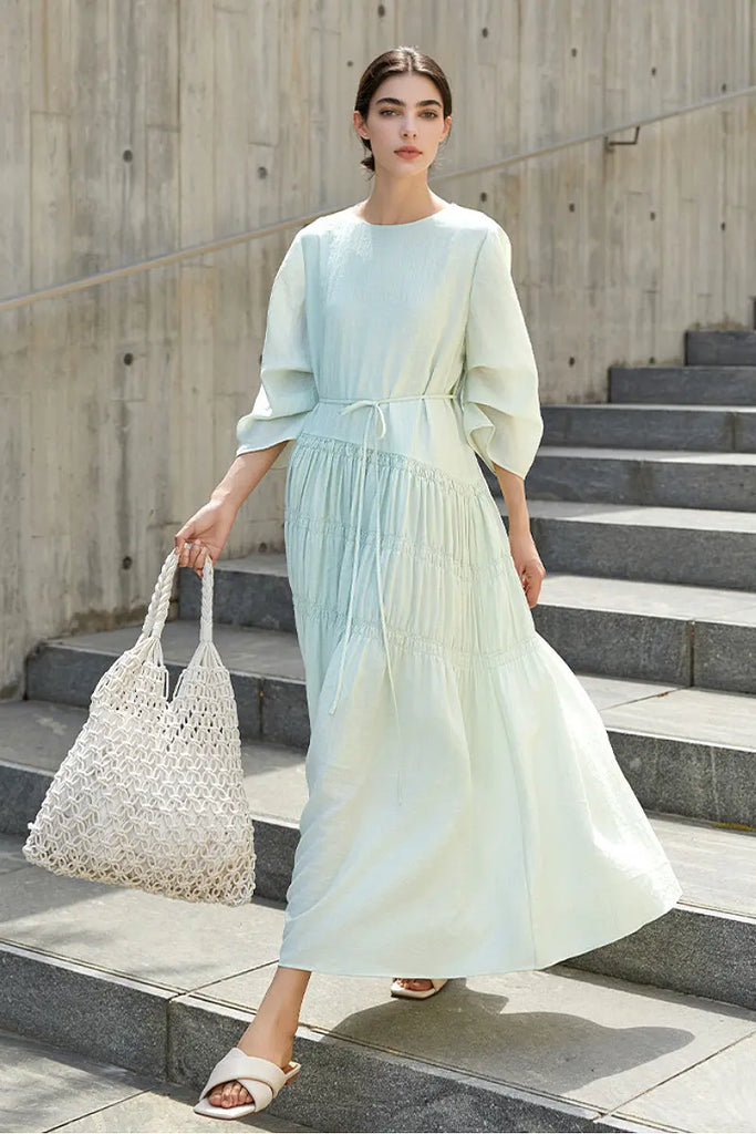 Cotton Tiered Long Sleeve Maxi Dress Tranquil Blue / L Fibflx