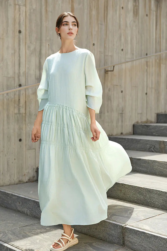 Cotton Tiered Long Sleeve Maxi Dress  Fibflx