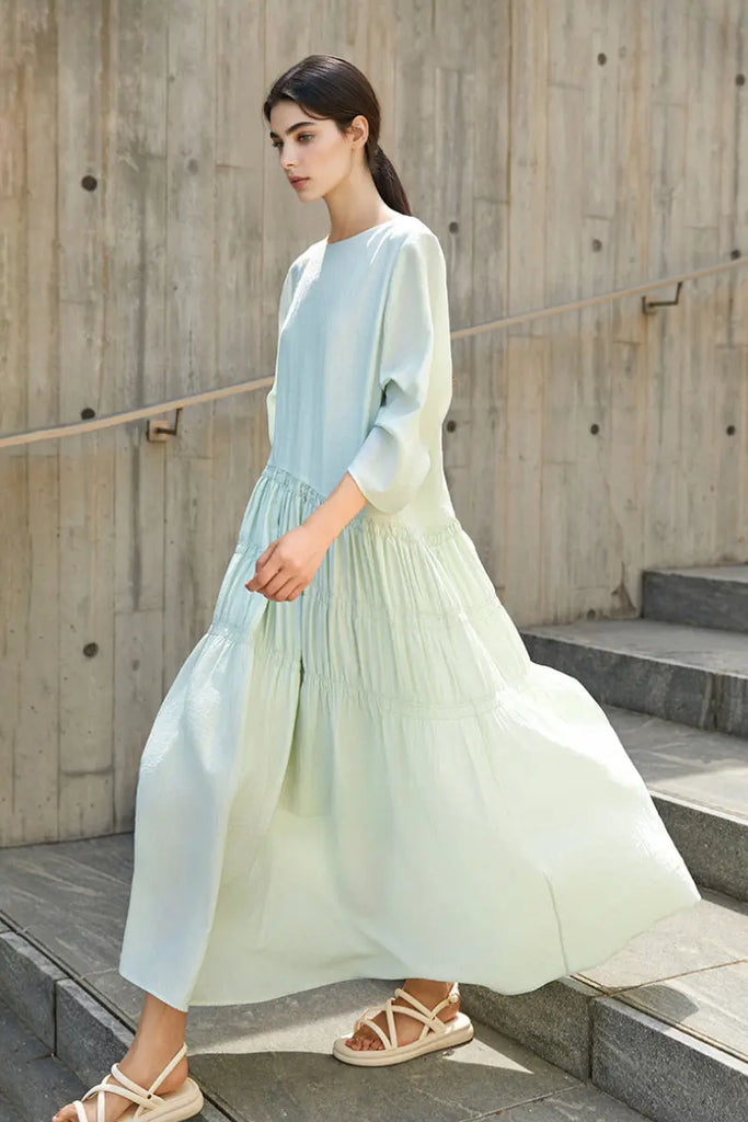 Cotton Tiered Long Sleeve Maxi Dress  Fibflx