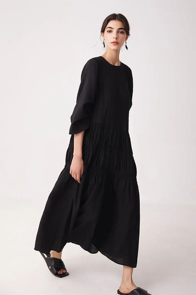 Cotton Tiered Long Sleeve Maxi Dress  Fibflx