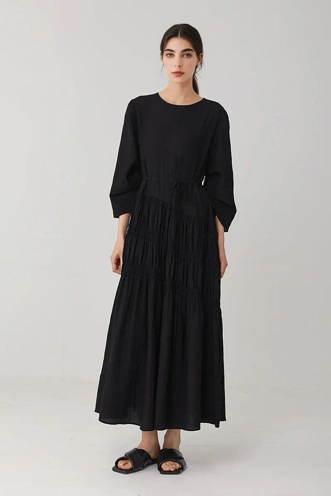 Cotton Tiered Long Sleeve Maxi Dress Black / L Fibflx