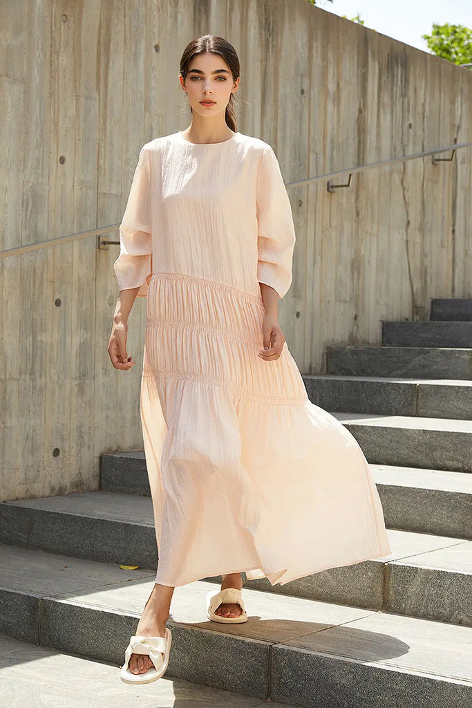 Cotton Tiered Long Sleeve Maxi Dress Innocence Pink / L Fibflx