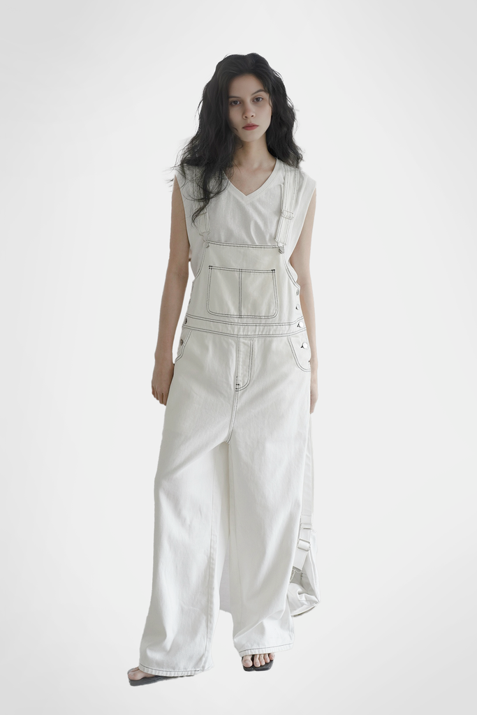 Fibflx Women's Cotton White Wide Leg Womens Overalls with Black Contrasting Stitch