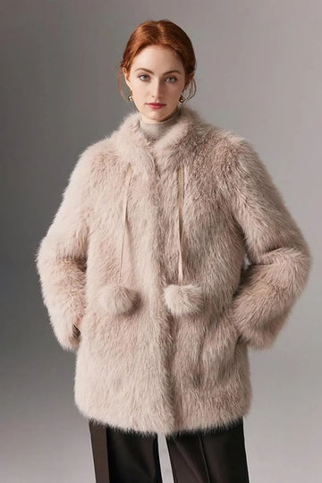 Fibflx Women's Cozy Faux Fox Fur Coat with Stand Collar