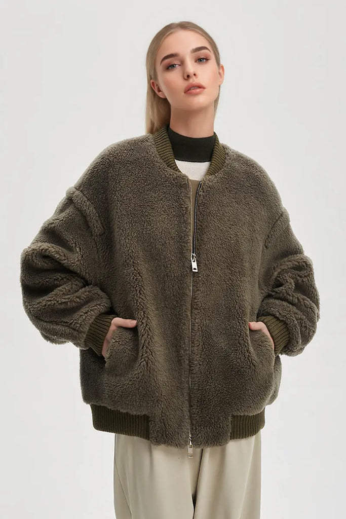 Fibflx Women's Cozy Oversized Teddy Bomber Jacket