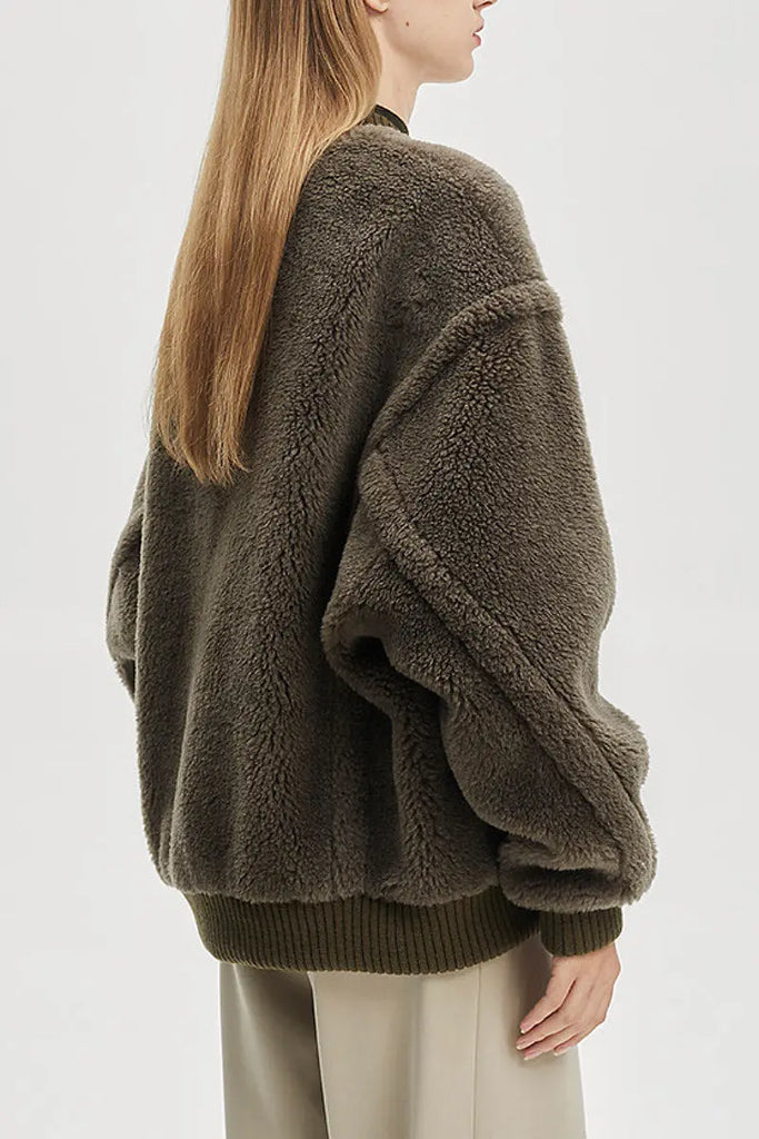 Fibflx Women's Cozy Oversized Teddy Bomber Jacket