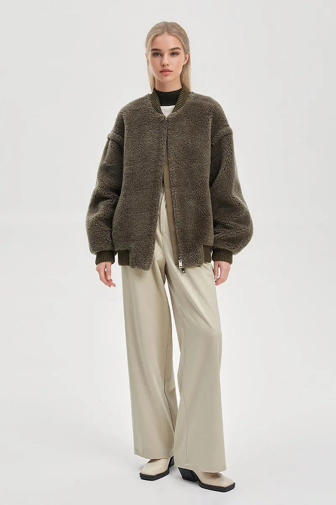 Fibflx Women's Cozy Oversized Teddy Bomber Jacket