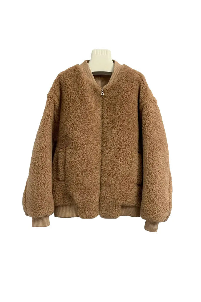 Fibflx Women's Cozy Oversized Teddy Bomber Jacket