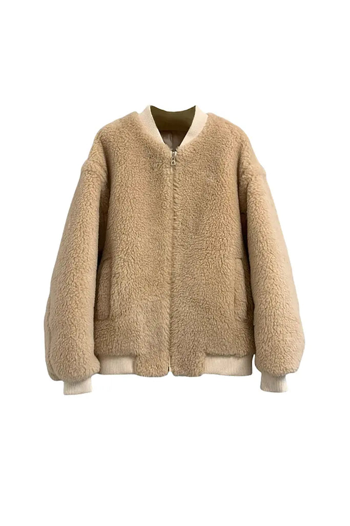 Fibflx Women's Cozy Oversized Teddy Bomber Jacket