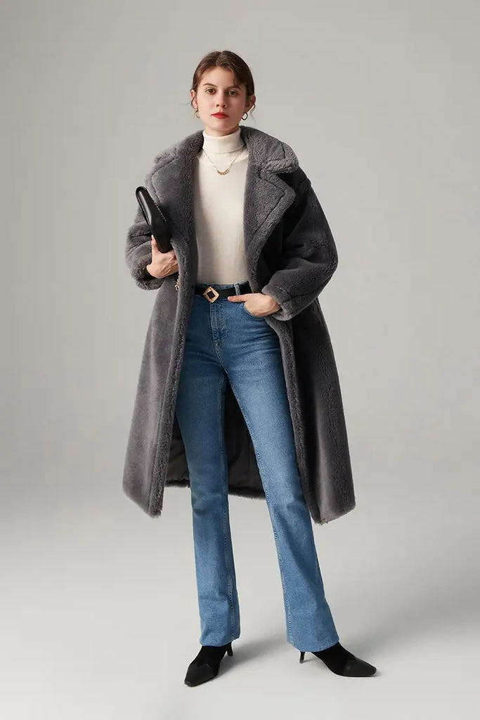 Cozy Teddy-style Shearling Coat With Lapel Collar Fibflx