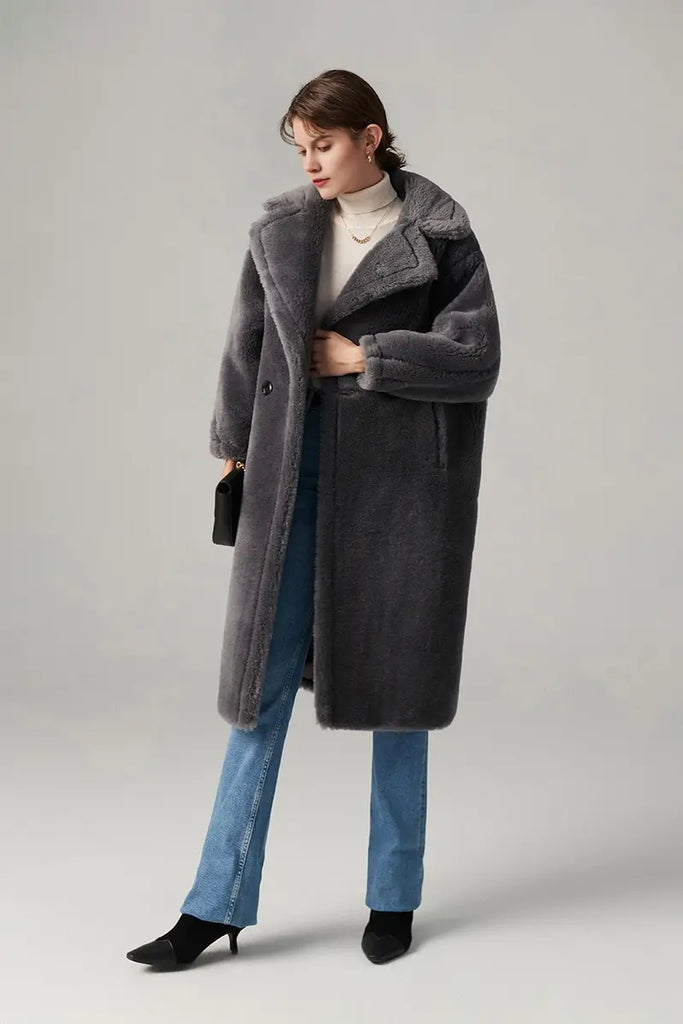 Cozy Teddy-style Shearling Coat With Lapel Collar Fibflx