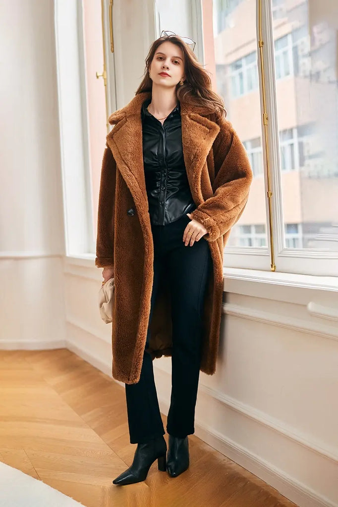 Cozy Teddy-style Shearling Coat With Lapel Collar Fibflx