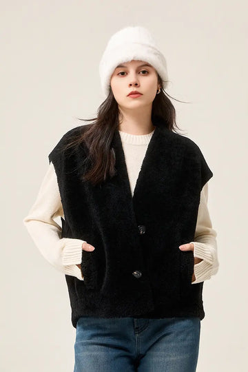 Cream White Oversized Sheepskin Shearling Vest Fibflx