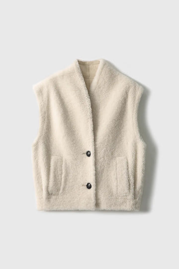 Cream White Oversized Sheepskin Shearling Vest Fibflx
