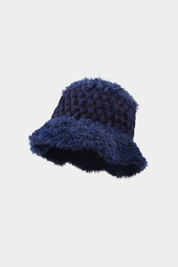 Crochet Faux Fur Color Block Fluffy Bucket Hat