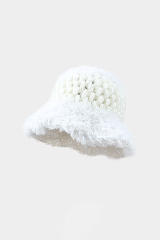 Crochet Faux Fur Color Block Fluffy Bucket Hat