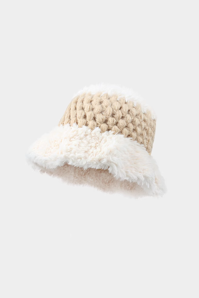 Crochet Faux Fur Color Block Fluffy Bucket Hat