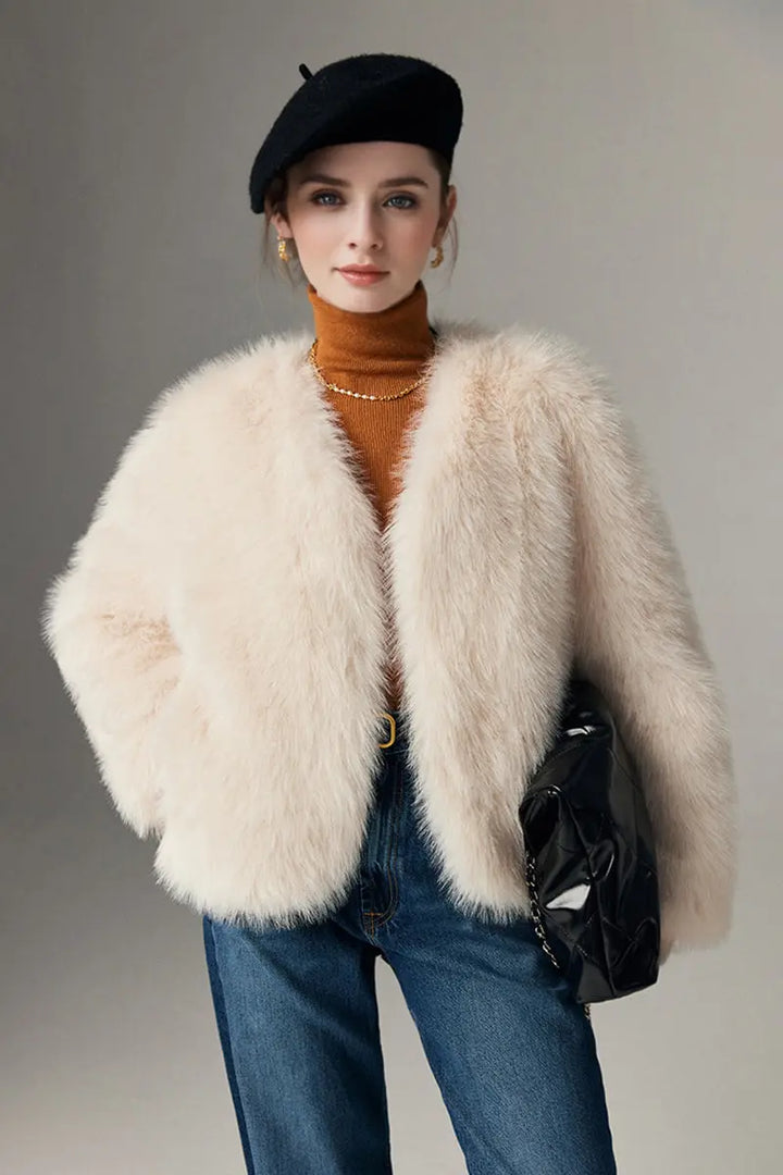 Fibflx Women's Cropped Faux Fox Fur V-Neck Open Front Jacket