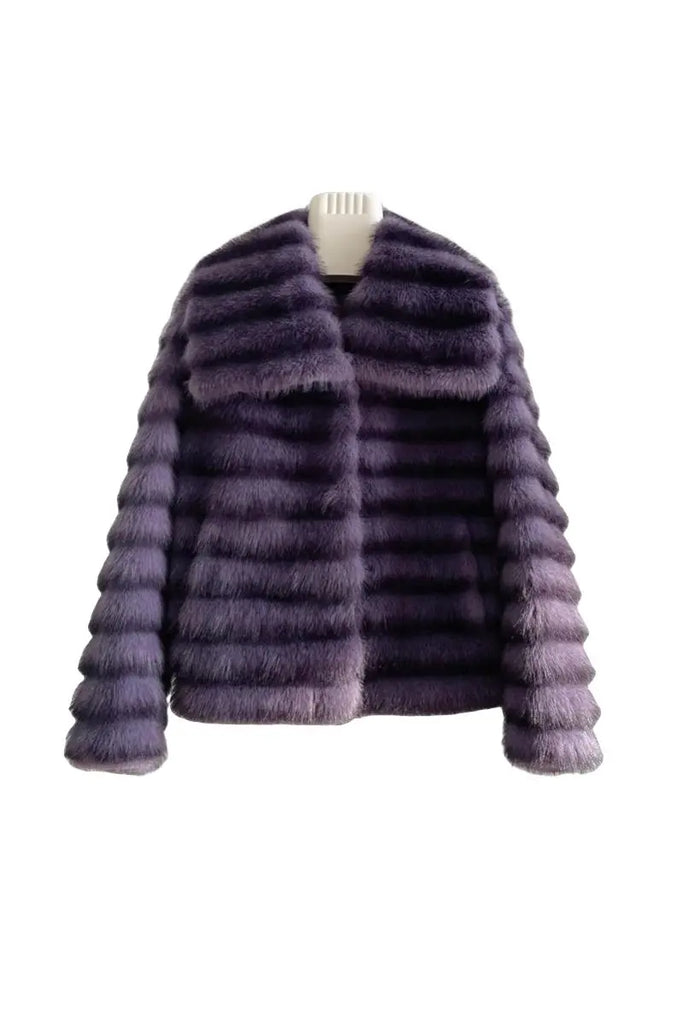 Fibflx Women's Cropped Faux Fur Chinchilla Coat with Oversized Collar