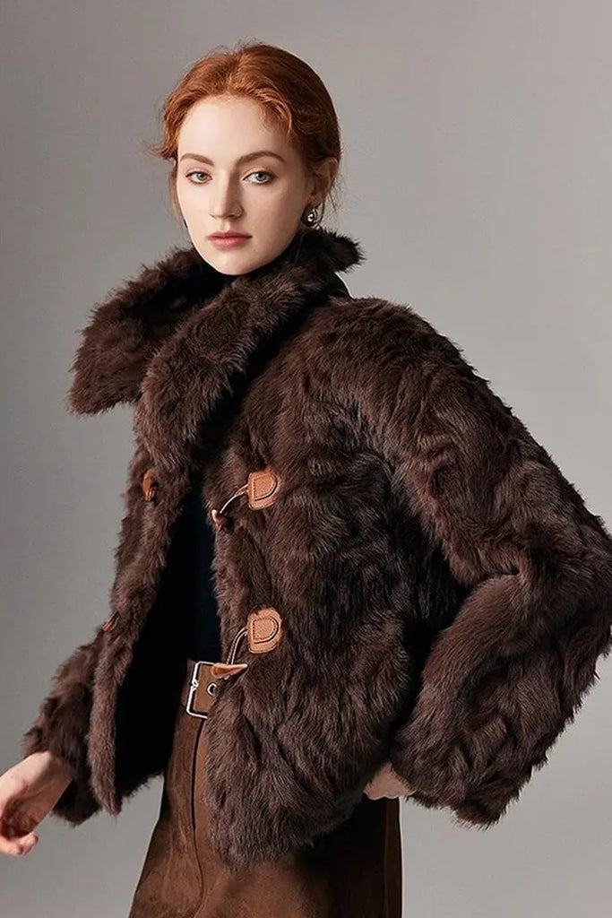 Fibflx Women's Cropped Faux Toscana Shearling Jacket with Oversized Collar