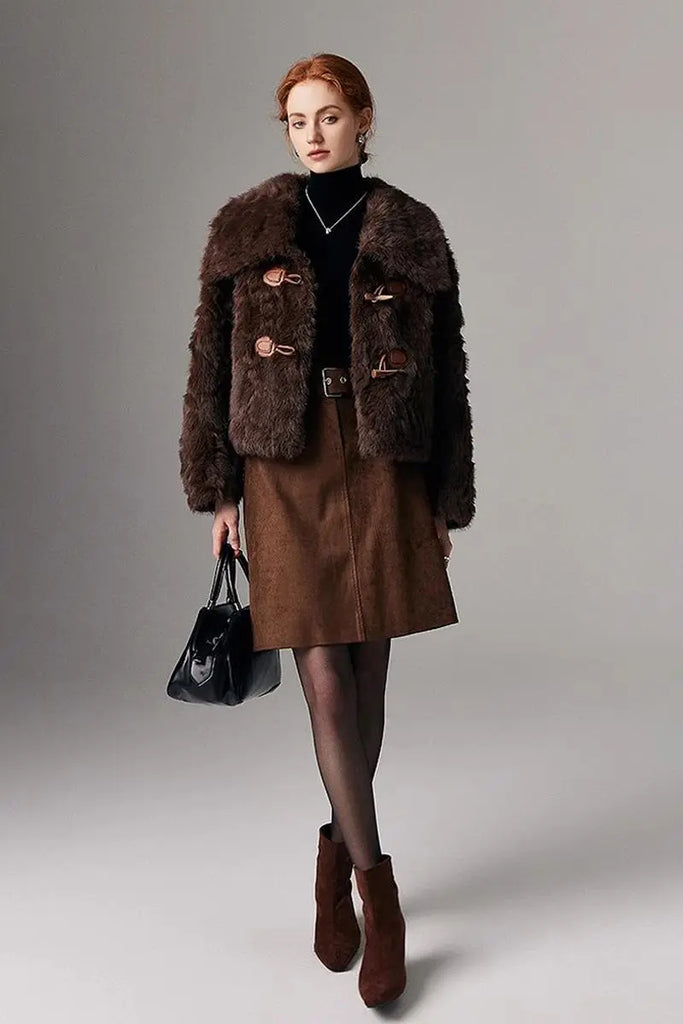 Fibflx Women's Cropped Faux Toscana Shearling Jacket with Oversized Collar