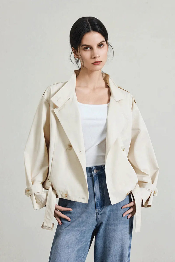 Cropped Modal-Cotton Double Breasted Trench Jacket with Stand Collar Fibflx