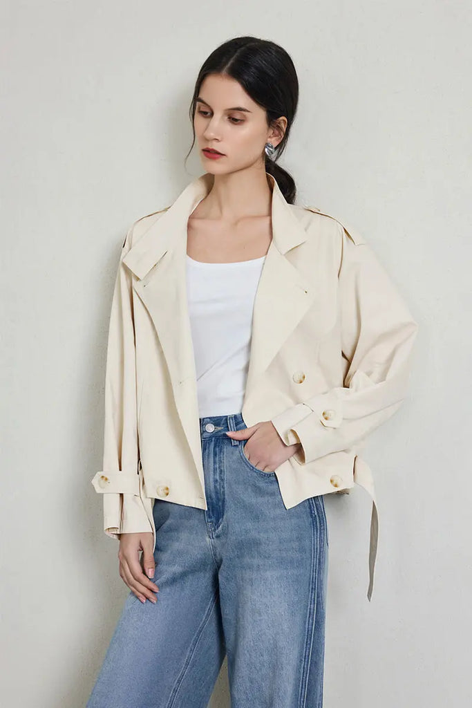 Cropped Modal-Cotton Double Breasted Trench Jacket with Stand Collar Fibflx