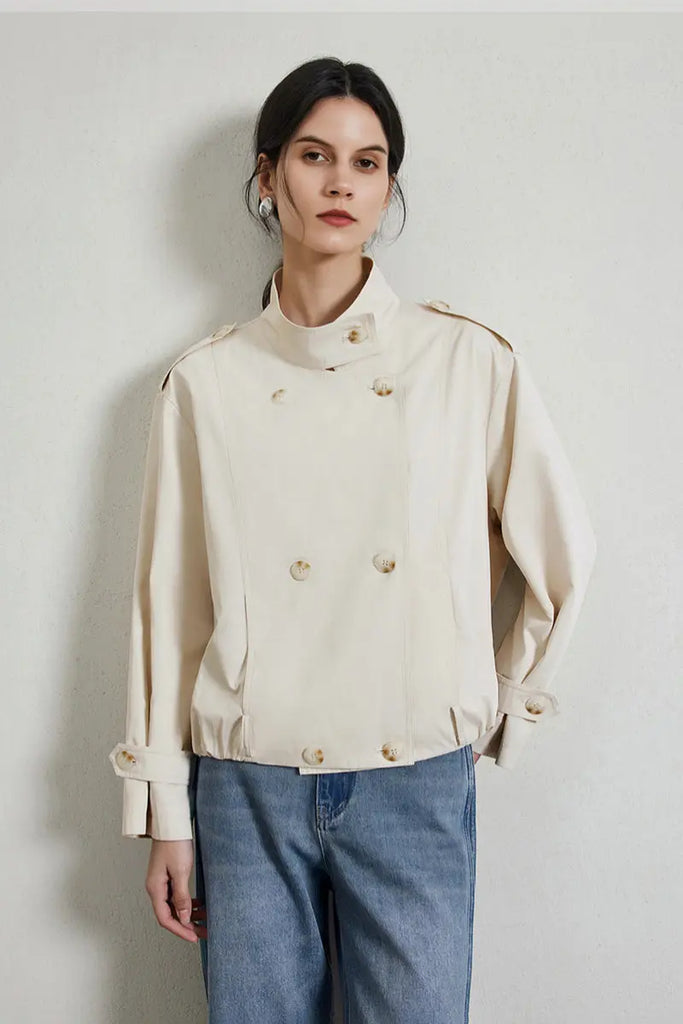 Cropped Modal-Cotton Double Breasted Trench Jacket with Stand Collar Fibflx