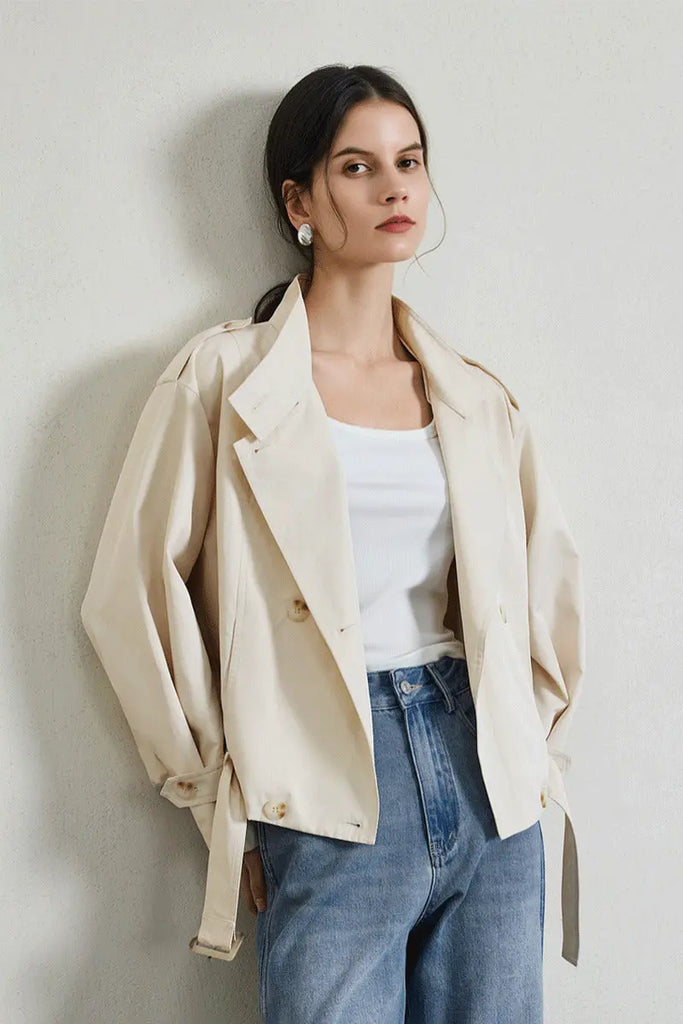 Cropped Modal-Cotton Double Breasted Trench Jacket with Stand Collar Fibflx