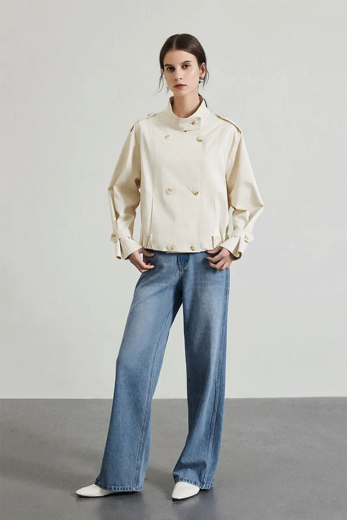 Cropped Modal-Cotton Double Breasted Trench Jacket with Stand Collar Fibflx