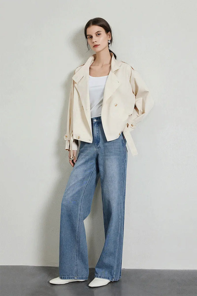 Cropped Modal-Cotton Double Breasted Trench Jacket with Stand Collar Fibflx