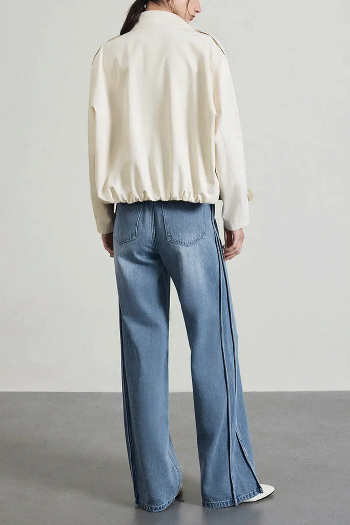 Cropped Modal-Cotton Double Breasted Trench Jacket with Stand Collar Fibflx