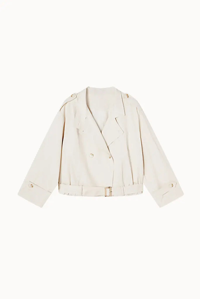 Cropped Modal-Cotton Double Breasted Trench Jacket with Stand Collar Fibflx