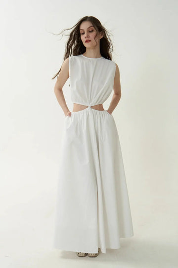 Fibflx Women's Cut Out Waist Casual White Sleeveless Dress
