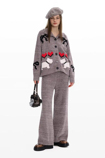 Fibflx Women's Cute Fair Isle Christmas Pajama Set with Bow & Red Heart